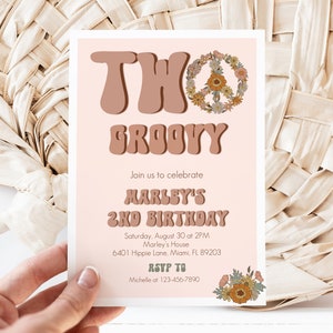 Editable Two Groovy Birthday Invitation, Hippie 2nd Birthday Invite, Daisy Floral Peace Sign Invitation, 70&#39;s Party, Instant Download