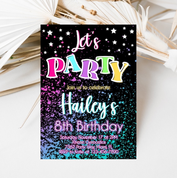 Neon Birthday Party Invitation, Editable Glow Party Invite (Digital Download)