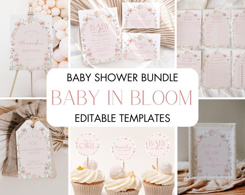 May include: A baby shower bundle with a floral theme. The bundle includes a welcome sign, invitations, games, thank you tags, cupcake toppers, and a blank sign. The design features a pink and white floral wreath with the text "Baby in Bloom".