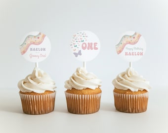 Pastel Groovy First Birthday Cupcake Toppers, Rainbow, Daisy (Instant Download) CLP104