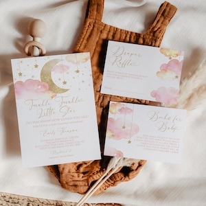Editable Twinkle Twinkle Little Star Baby Shower Invitation Bundle, Pink Girl Baby Shower, Gold Moon Stars Invite, Instant Download, CLP40