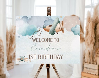 Airplane 1st Birthday Welcome Sign, Editable Party Poster (Instant Download)