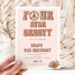 Editable Four Ever Groovy Birthday Invitation, Hippie 4th Birthday Invite, Daisy Floral Peace Sign Invitation, 70&#39;s Party, Instant Download