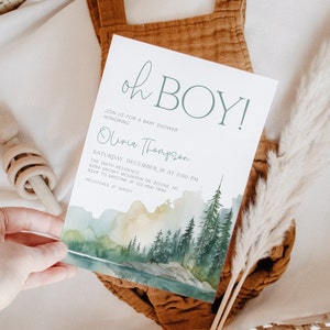 Editable Woodlands Baby Shower Invitation, Mountain Forest Adventure Oh Boy Baby Shower Invite, BBS8