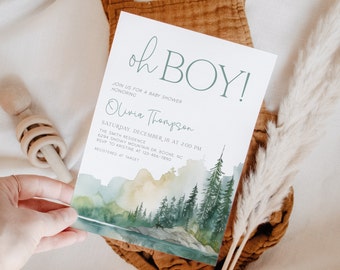 Edytowalne zaproszenie na baby shower w lesie, zaproszenie na baby shower w górach i lesie Oh Boy, BBS8