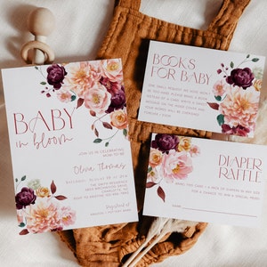 Fall Baby Shower Invitation Bundle, Autumn Burgundy Baby Shower Invite, Maroon Baby In Bloom Flower Invite, CLP144