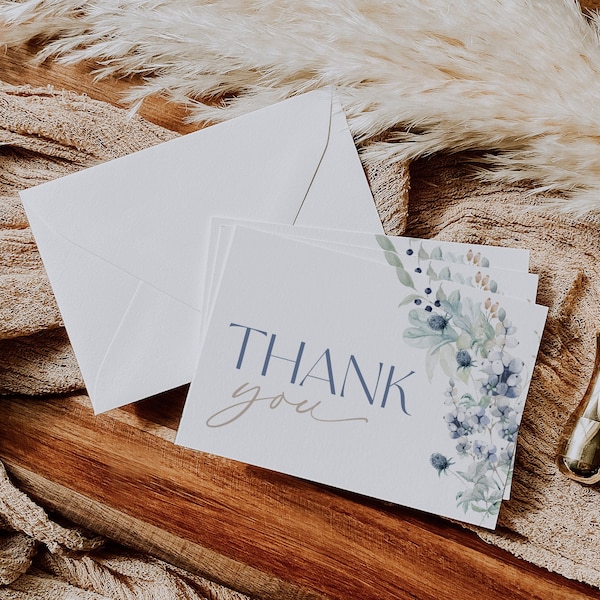 Editable Blue Floral Thank You Card, Baby In Bloom Baby Shower, Boy Baby Shower, Blue Bridal Shower, Wildflower Thank You Card