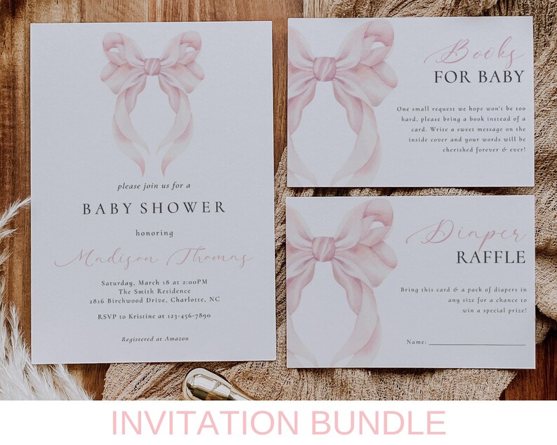 May include: A set of three printable baby shower cards with a pink watercolor bow design. The cards include a baby shower invitation, a book request card, and a diaper raffle card.
