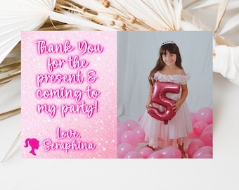 Editable Pink Glitter Picture Thank You Card, Hot Pink Glitter Thank You Card, Girl Birthday Party, Instant Download