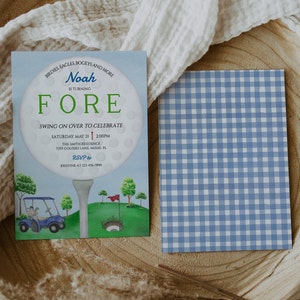 May include: A blue and white gingham pattern invitation for a golf-themed birthday party. The invitation features a golf ball with the text "FORE" and the name "Noah" in a blue circle. The invitation also includes the text "Birdles, Eagles, Bogeys and More" and "Swing on over to celebrate".