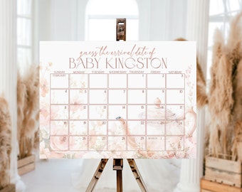 May include: A pink and white floral calendar with the text "guess the arrival date of BABY KINGSTON" at the top. The calendar is for February and March and has a teapot illustration in the bottom right corner.