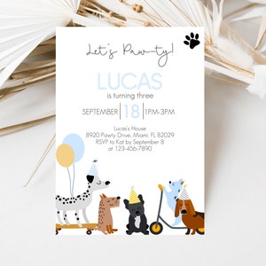 Editable Dog Birthday Invitation, Puppy Party Invite, Lets Pawty Invitation, Animal Birthday, Pet Party, Instant Download