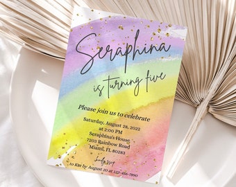 Rainbow Glitter Birthday Invitation, Editable Party Invite (Digital Download)