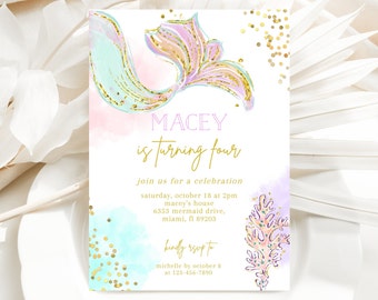 Editable Pastel Mermaid Birthday Invitation template, Colorful Mermaid Birthday Invite, Instant Download