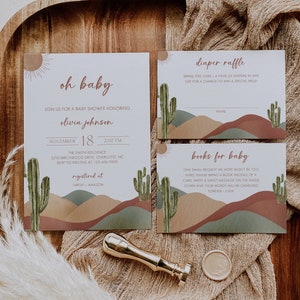 Bewerkbare Boho Desert babyshower uitnodigingsbundel, cactus babyshower uitnodigingsset, jongen babyshower uitnodiging, Instant Download BBS2
