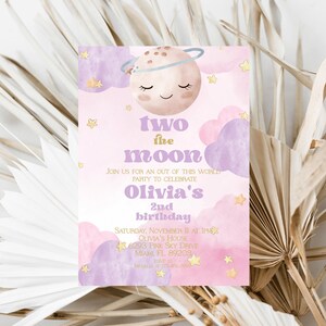 Girl's 2nd Birthday Invitation, Moon and Stars Design (Instant Download) image 2