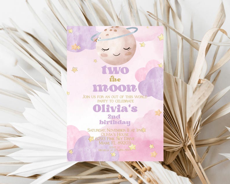 Girl's 2nd Birthday Invitation, Moon and Stars Design (Instant Download) image 2