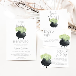 Editable A Baby is Brewing Green Halloween Baby Shower Invitation Bundle, Halloween Baby Shower Invite Set, Witch Baby Shower, CLP163