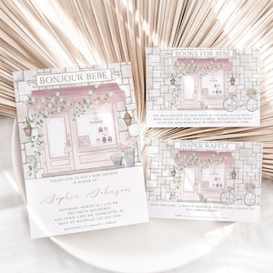 Bearbeitbares Paris-Babyparty-Einladungs-Bundle, rosa französische Patisserie-Einladungssatz, Paris-Café, französische Bäckerei, sofortiger Download, BBS54