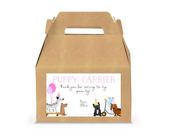 May include: A brown cardboard box with a handle. The box has a white label with pink text that says "Puppy Carrier". The label also has a thank you message and a picture of dogs wearing party hats.