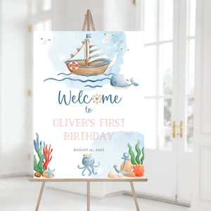 Bearbeitbares Ahoi Nautical Geburtstagsparty Willkommensschild, druckbares Ozeanwal Geburtstag Willkommensplakat, Nautische 1