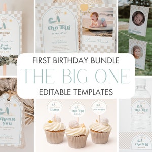 The Big One Boys First Birthday Invitation + Decoration Bundle, Blue Retro Surf Birthday Picture Invite, Sunshine Beach Birthday, CLP204