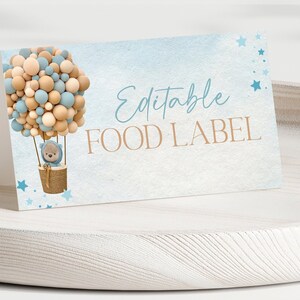 Editable Teddy Bear Hot Air Balloon Food Label, Boy Bear Baby Shower Food Tent, We Can Bearly Wait Theme, Instant Download, CLP14