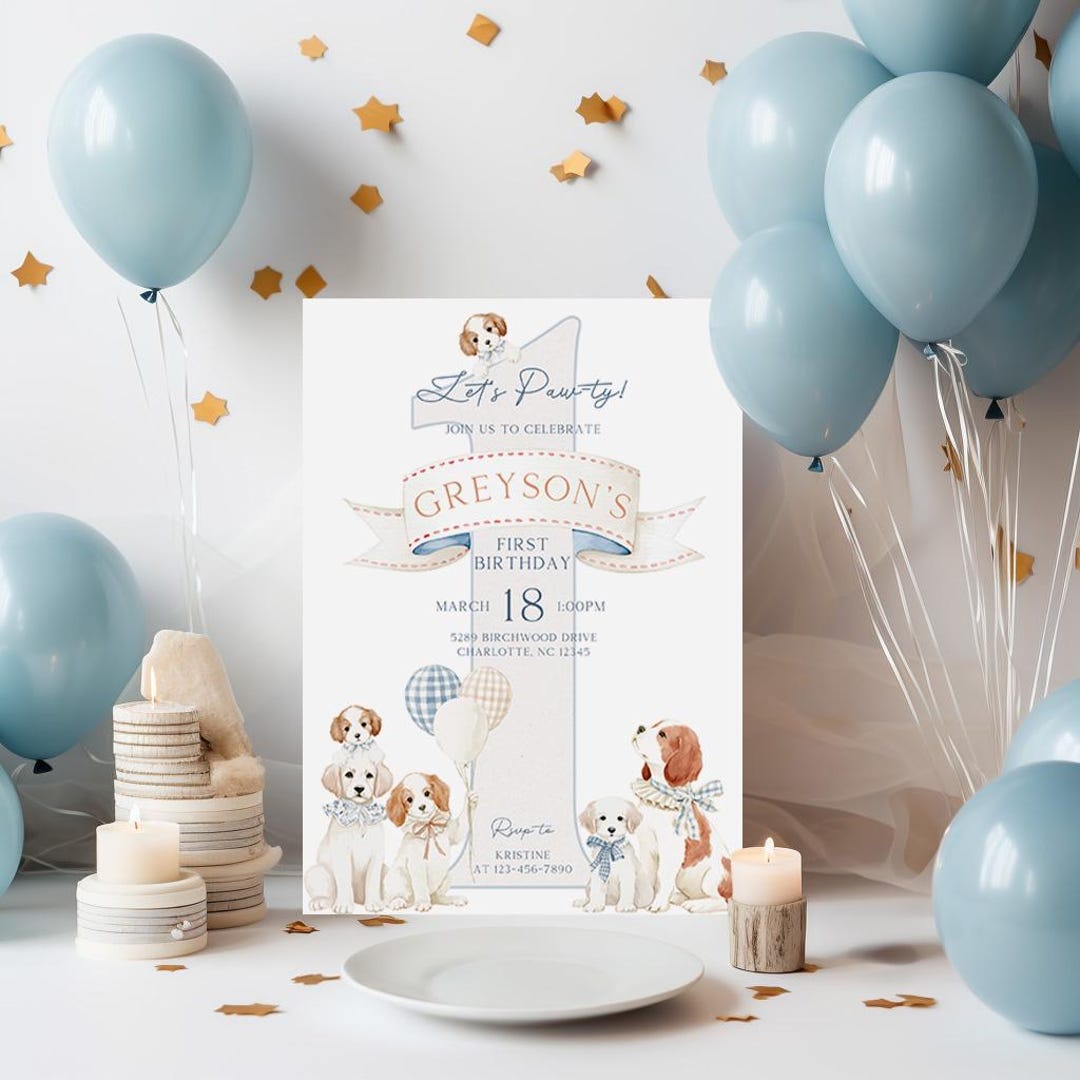Editable Puppy Party First Birthday Invitation, Printable Boy Blue Dog ...