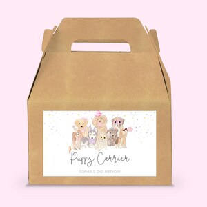 K&ouml;nnte beinhalten: Ein brauner Karton mit einem Griff, verziert mit einem Aufkleber, der eine Gruppe von Cartoon-Welpen zeigt, die Partyh&uuml;te tragen. Der Aufkleber lautet "Puppy Carrier" und "Sophia's 2nd Birthday".