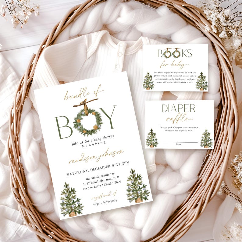 May include: A baby shower invitation set with a white onesie in a woven basket. The invitation reads "Bundle of Boy" with a wreath design. Additional cards include "Books for Baby" and "Diaper Raffle" with Christmas tree illustrations.