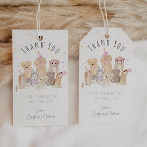 Etiqueta de lembrancinha de festa de aniversário de cachorro editável, etiqueta de agradecimento para festa de filhotes de cachorro, decoração de cachorro para impressão, CLP201