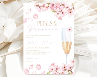 May include: A pink and white floral bridal shower invitation with the text "Petals & Prosecco" and a glass of champagne. The invitation includes the bride-to-be's name, the date, time, and location of the shower, as well as the RSVP information.