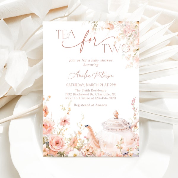 Editable Tea Party Baby Shower Invitation, Printable Tea for Two Baby Shower Invite, Tea Time Floral Baby Shower, BBS41