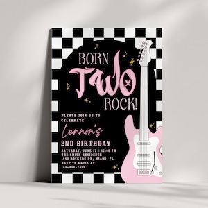 Born Two Rock Girl Birthday Invitation, Pink Rock & Roll Birthday Invite, Punk Rock Birthday, Pink Guitar Invitation, Two Rocks, BB11