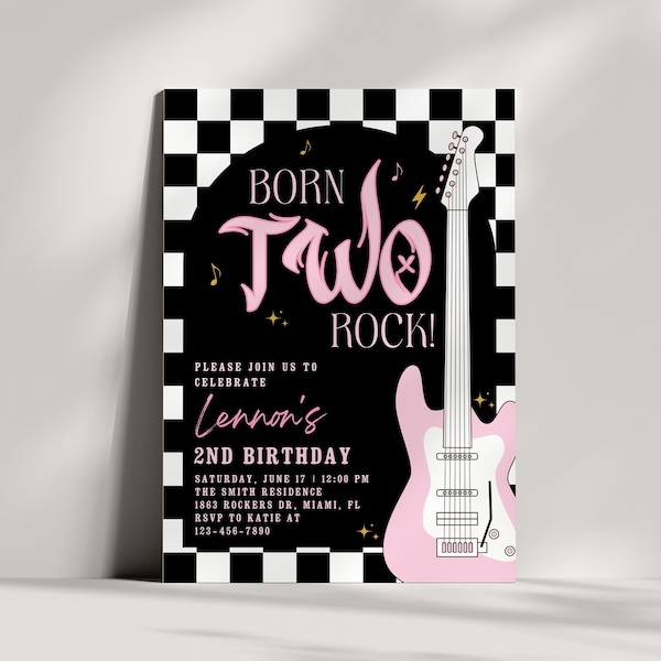 Born Two Rock Girl Birthday Invitation, Pink Rock & Roll Birthday Invite, Punk Rock Birthday, Pink Guitar Invitation, Two Rocks, BB11