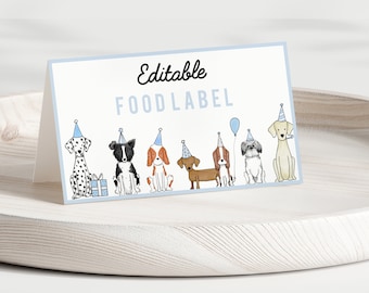 May include: Editable food label with a blue and white color scheme. The label features a line of seven dogs wearing party hats and a balloon. The text "Editable Food Label" is printed in black on the label.