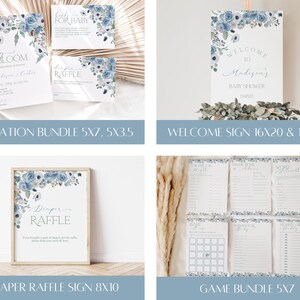K&ouml;nnte beinhalten: Ein Set mit druckbaren Babyparty-Dekorationen in Blau und Wei&szlig; mit floralen Designs. Das Set beinhaltet eine Einladung, ein Willkommens-Schild, ein Windel-Tombola-Schild und ein Spiele-Paket. Der Text auf der Einladung lautet "Baby in Bloom". Der Text auf dem Willkommens-Schild lautet "Willkommen zur Babyparty von Madison". Der Text auf dem Windel-Tombola-Schild lautet "Windel-Tombola". Das Spiele-Paket beinhaltet Spiele wie "Baby-Wortsalat", "Errate das Baby-Essen" und "Baby-Bingo".