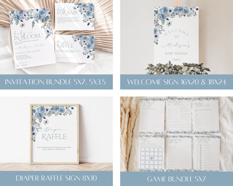 K&ouml;nnte beinhalten: Ein Set mit druckbaren Babyparty-Dekorationen in Blau und Wei&szlig; mit floralen Designs. Das Set beinhaltet eine Einladung, ein Willkommens-Schild, ein Windel-Tombola-Schild und ein Spiele-Paket. Der Text auf der Einladung lautet "Baby in Bloom". Der Text auf dem Willkommens-Schild lautet "Willkommen zur Babyparty von Madison". Der Text auf dem Windel-Tombola-Schild lautet "Windel-Tombola". Das Spiele-Paket beinhaltet Spiele wie "Baby-Wortsalat", "Errate das Baby-Essen" und "Baby-Bingo".