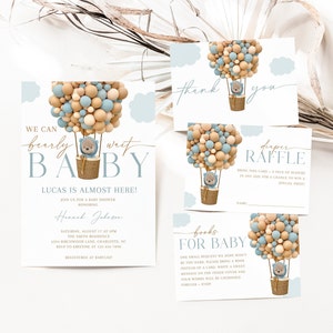 Editable Brown Bear Balloon Baby Shower Invitation Bundle, We Can Bearly Wait Baby Shower Invite Set, Blue Boy Boho Bear Baby Shower, CLP165