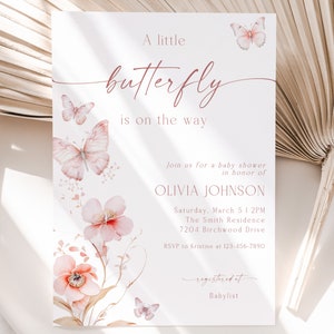 Editable Butterfly Baby Shower Invitation, Printable Pink Floral Butterfly Baby Shower Invite, Girl Butterfly Baby Shower, BBS22