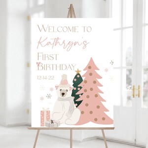 Editable Pink Winter Polar Bear Welcome Sign, Girl Birthday Welcome Poster, Christmas Polar Bear Welcome Sign, Instant Download