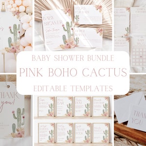 Invito per baby shower con cactus e motivo floreale rosa modificabile + set di decorazioni, invito per baby shower con motivo western nel deserto + set di giochi, CLP171