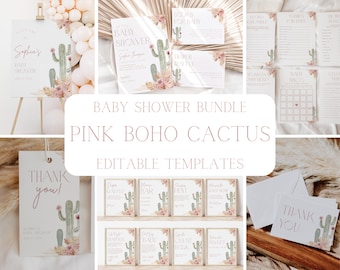 May include: Pink and green cactus themed baby shower printable templates. The set includes invitations, thank you cards, games, and decorations. The text "Sophia's Baby Shower" is visible on one of the cards.