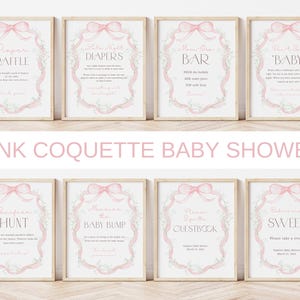 Plantilla de letreros de 8x10 con lazo rosa para baby shower, letreros de mesa elegantes y coquetos editables para niña, decoración vintage con lazo para baby shower, BBS122