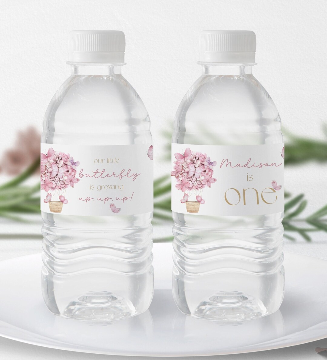 Pink Butterfly Label Editable Pink Butterfly Water Bottle Label, Floral Hot Air Balloon ...