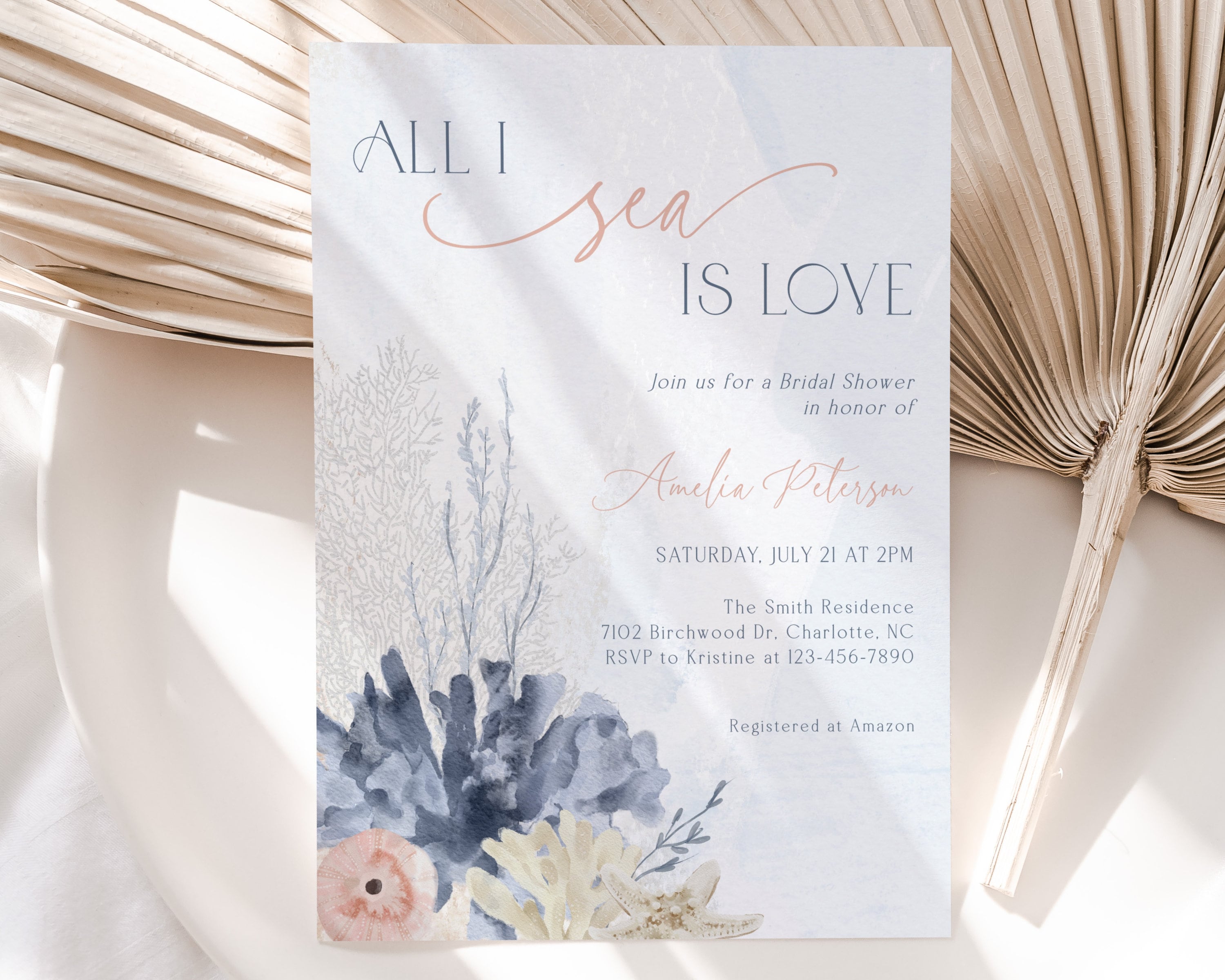Editable Ocean Bridal Shower Invitation, Coral Seashell Bridal Shower Invite, Nautical Seaside Beach Bridal Shower, BS4