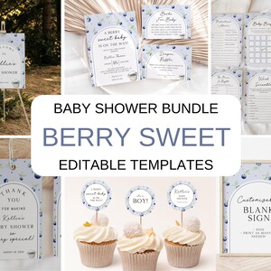 May include: A baby shower printable bundle with a blue and white berry theme. The bundle includes a welcome sign, thank you tags, cupcake toppers, and game cards. The text on the welcome sign reads "Welcome to Kallie's Baby Shower".