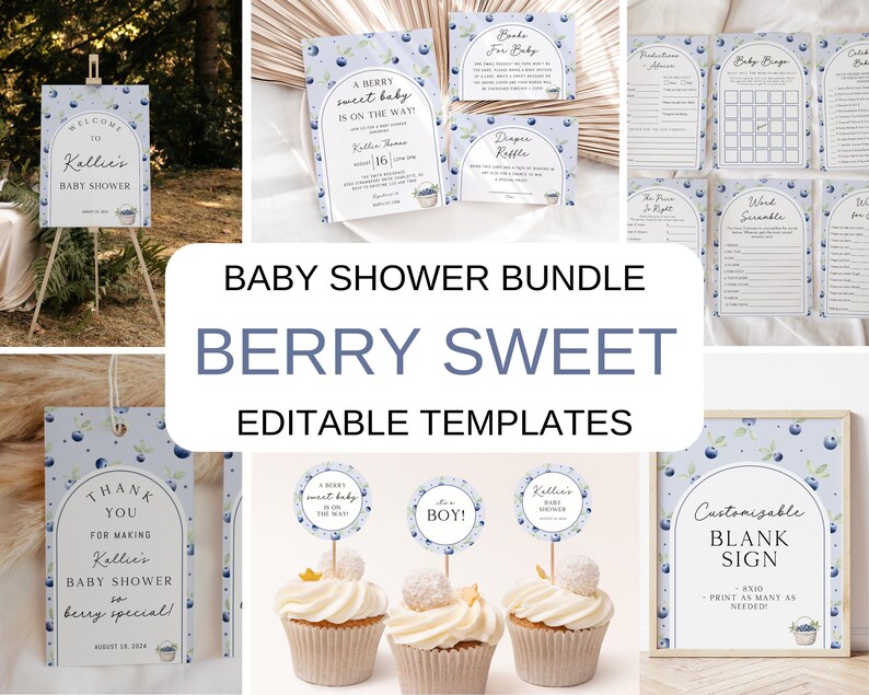 May include: A baby shower printable bundle with a blue and white berry theme. The bundle includes a welcome sign, thank you tags, cupcake toppers, and game cards. The text on the welcome sign reads "Welcome to Kallie's Baby Shower".