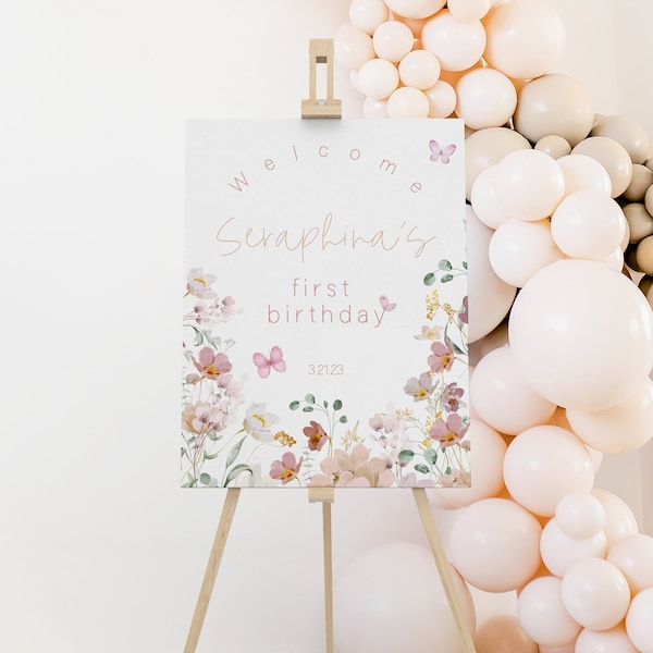 Panneau de bienvenue modifiable pour le premier anniversaire de fleurs sauvages, 1er anniversaire floral, décoration de fleur sauvage, anniversaire de fête de jardin pour filles, CLP33