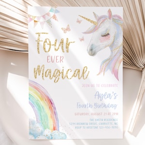 Invito per il 4° compleanno di unicorno, unicorno pastello, invito stampabile con unicorno arcobaleno, scintille e oro, Four Ever Magical, CLP223